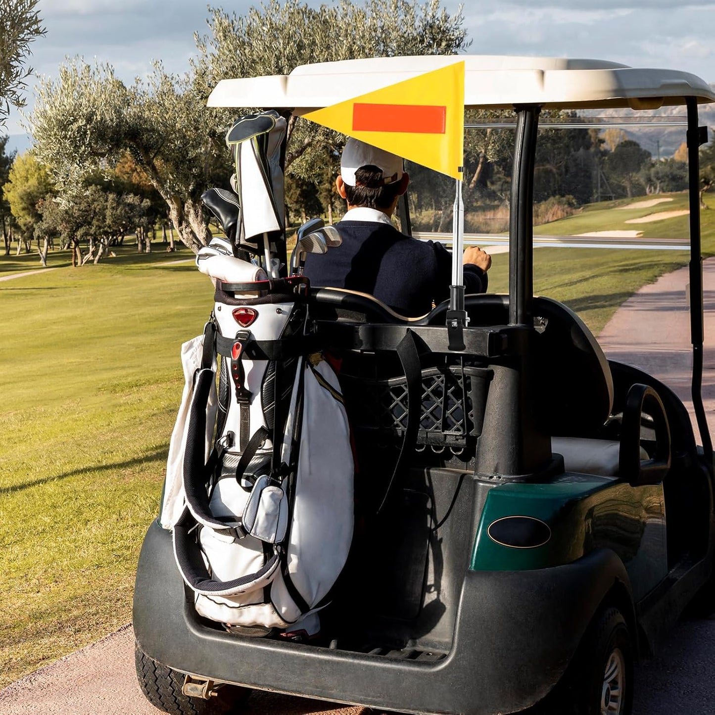 Golf Cart Flag Pole Reflective Safety Flag 22X30cm Yellow Triangular Flag with 25cm Pole and 8mm Buckle