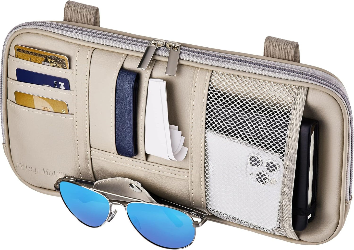 Car Sun Visor Organizer – Car, SUV, Truck Interior Accessories - Magnetic Glasses Holder & Full Length Horizontal Pockets, Allows Safe Driving - 12.2 X 6.1 In, Beige