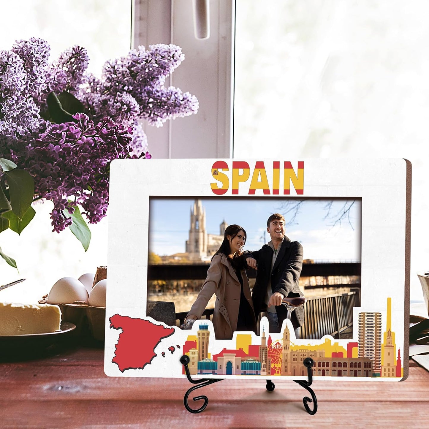 Spain Travel Picture Frame, 5 x 8 Spain Themed Wooden Photo Frame with Stand, Vacation Anniversary Honeymoon Gifts For Friend Family Couples, Home Office Desk Decorations-A08