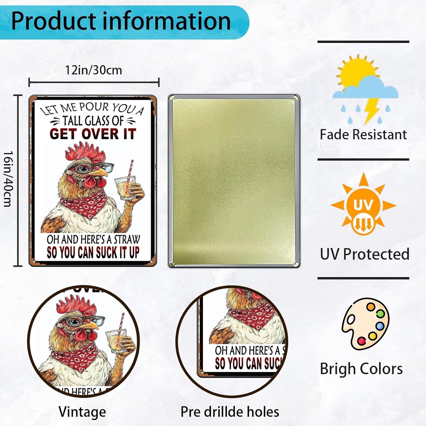 Vintage Chicken Let Me Pour You A Tall Glass Of Get Over It Aluminum Metal Tin Sign 12x16 Inch Home Kitchen Garden Wall Decor