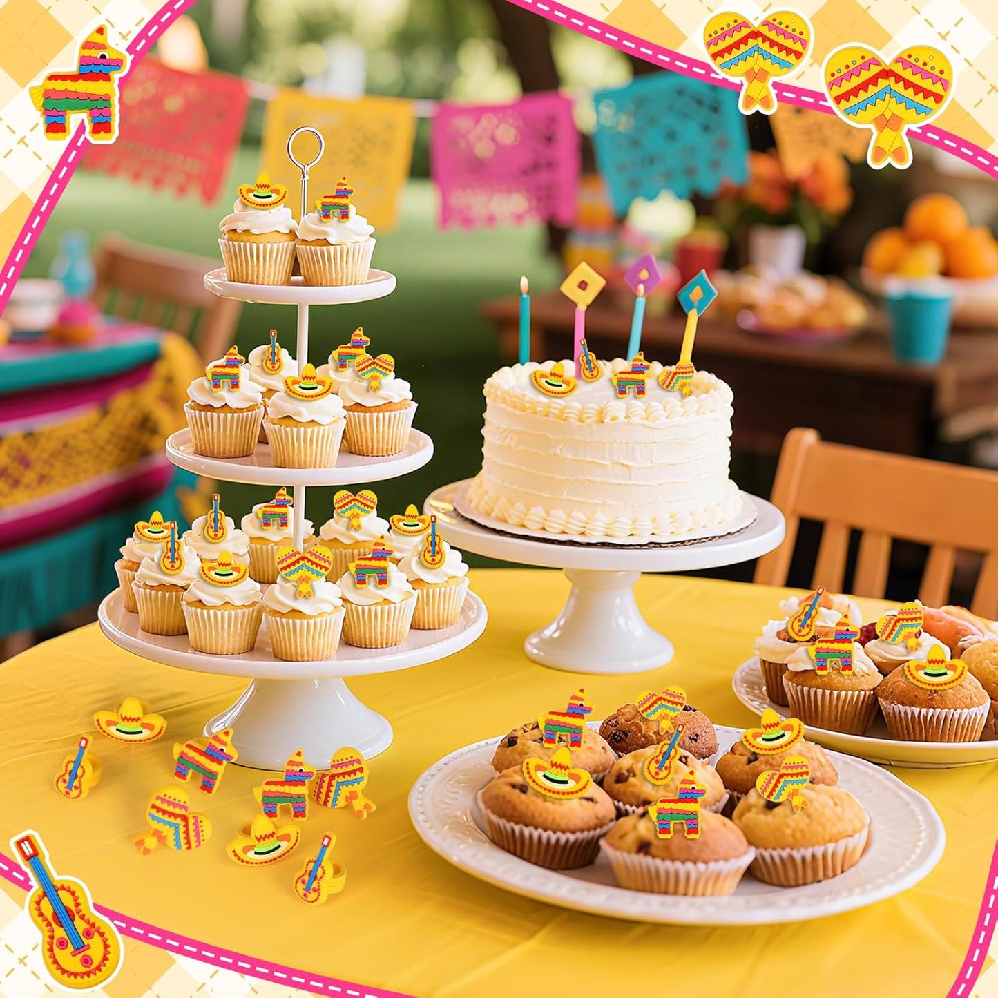 24pcs Fiesta Cupcake Ring Toppers Donkey Sombrero Guitar Cupcake Topper Mexican Theme Party Cake Decorations for Baby Shower Birthday Fiesta Party Supplies