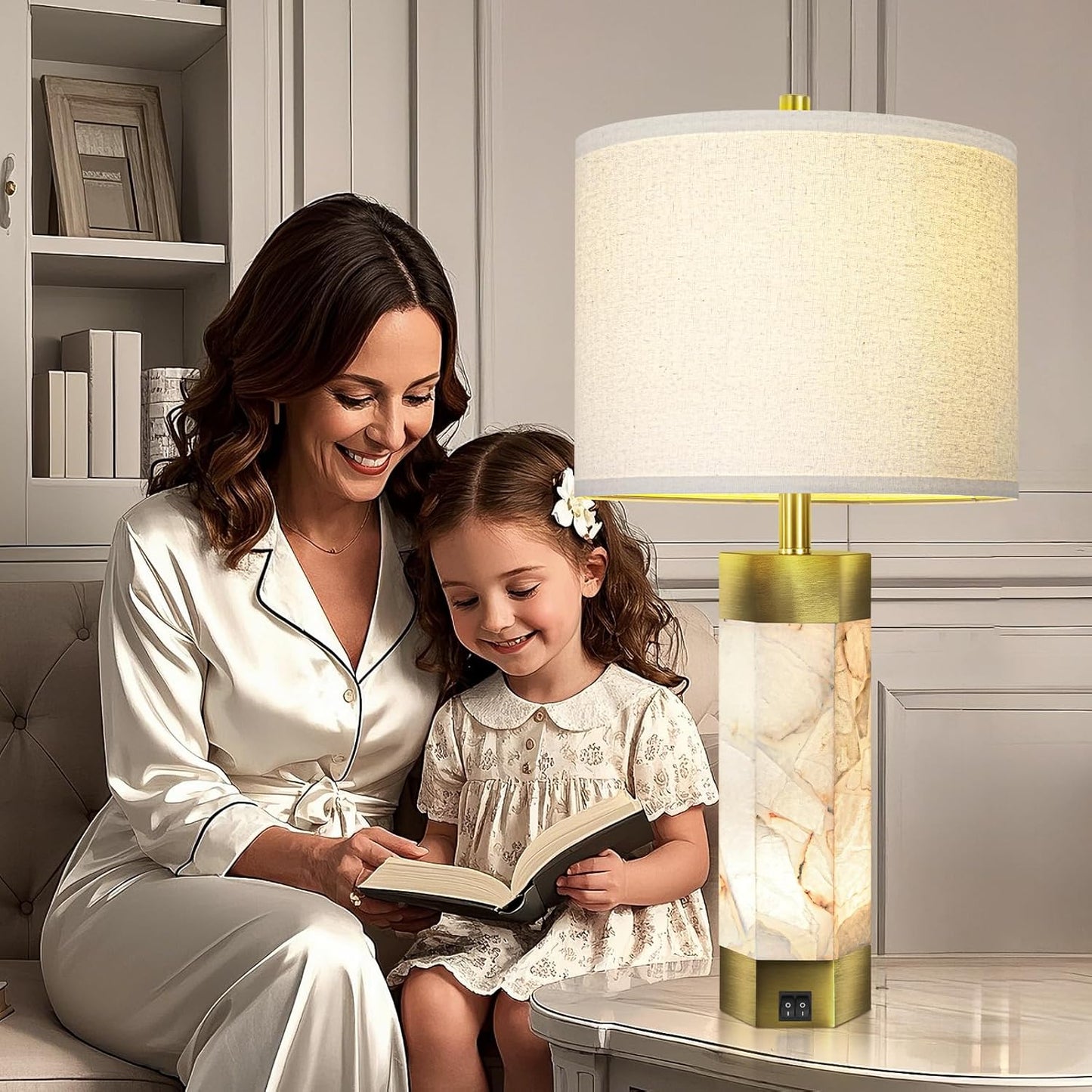 Natural Alabaster Table Lamps Set of 2,Table Lamp with Night Light for Living Room,Nightstand Lamp with USB Ports,Bedside Lamp with Linen Fabric Shade for Bedroom,Living Room,Office,Bar(Bulb Included)