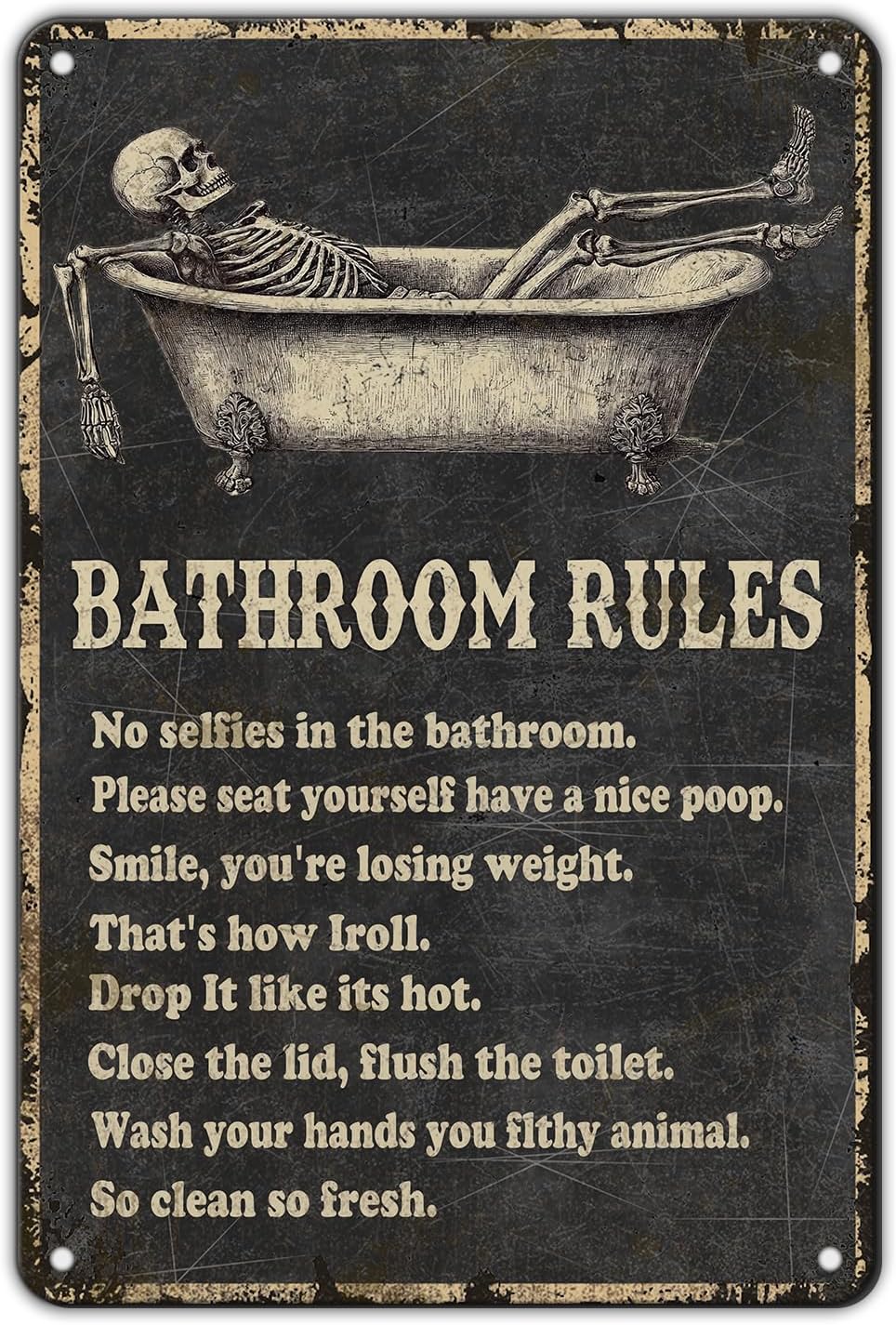 Funny Skull Bathroom Rules Metal Tin Sign Wall Decor - Vintage Bathroom Quote Tin Sign for Toilet Restroom Washroom Home Decor 12x8 Inch