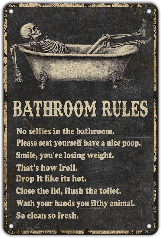 Funny Skull Bathroom Rules Metal Tin Sign Wall Decor - Vintage Bathroom Quote Tin Sign for Toilet Restroom Washroom Home Decor 12x8 Inch