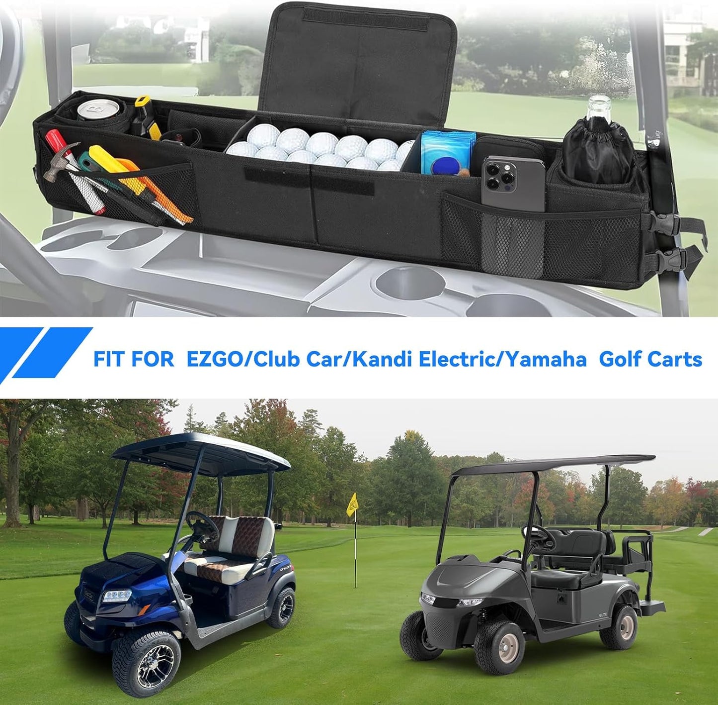 No Drilling Golf Cart Organizer Bag with Insulated Cup Holders, Golf Cart Dash Storage Tray Compatible with EZGO Club Car Drive Kandi Yamaha ICON