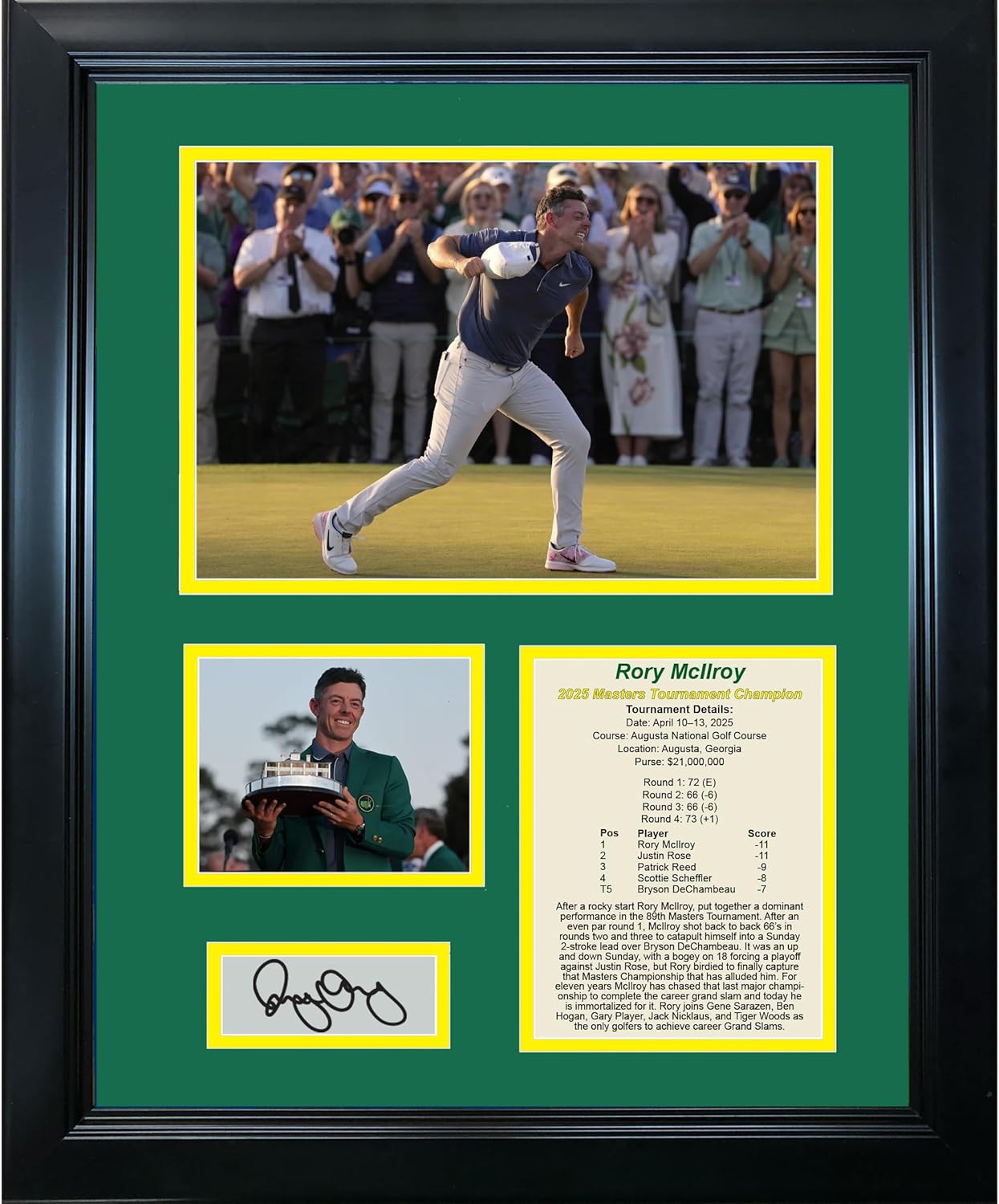Framed Rory McIlroy 2025 Masters Tournament Champion Augusta National PGA Tour Facsimile Laser Engraved Signature Auto 11"x14" Golf Photo Sig Collage
