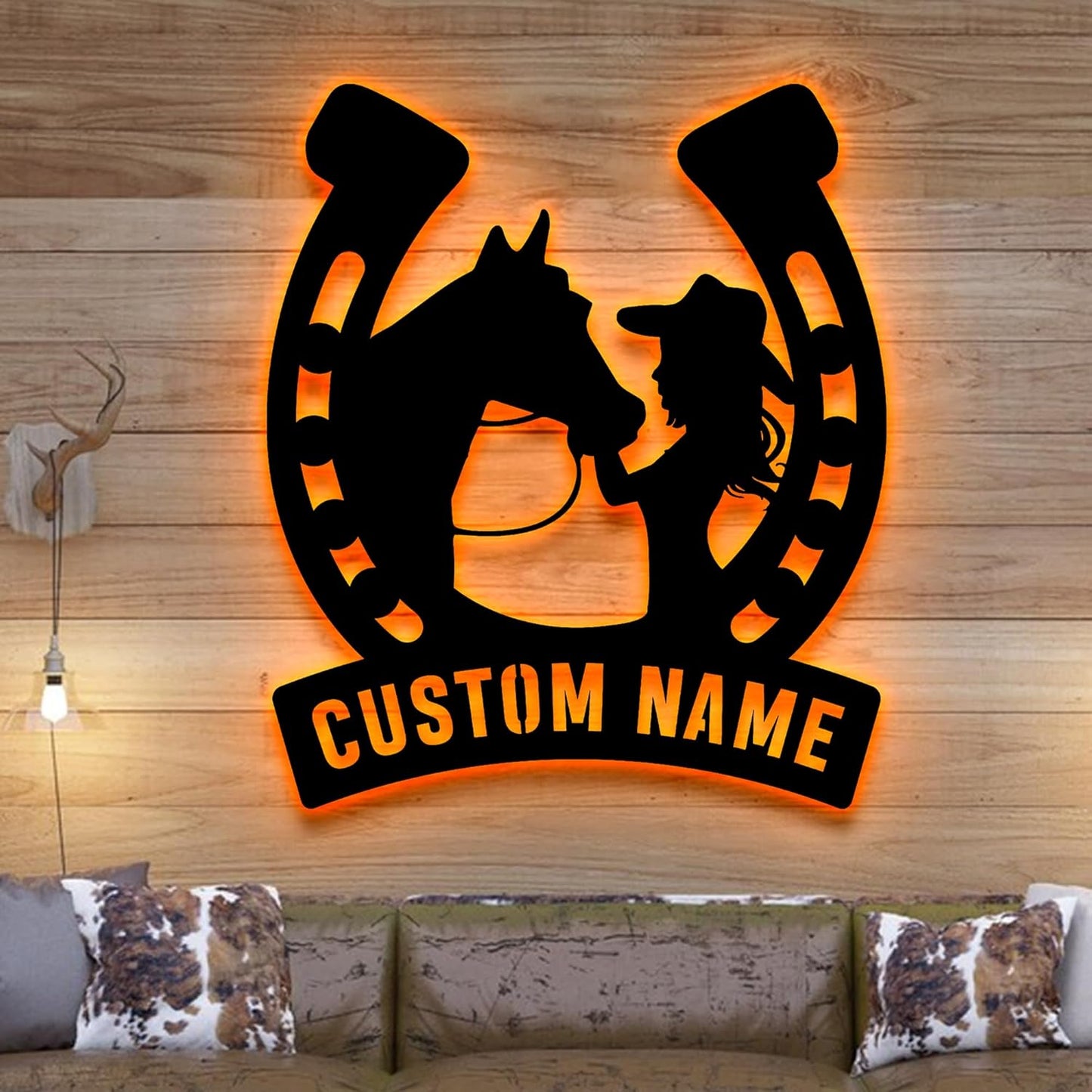 Custom Girl Kissing Horse Metal Wall Art With LED Light, Personalized Cowgirl Name Sign, Outside Wall Hanging, Home Decor, Birthday Gift, Christmas Gift