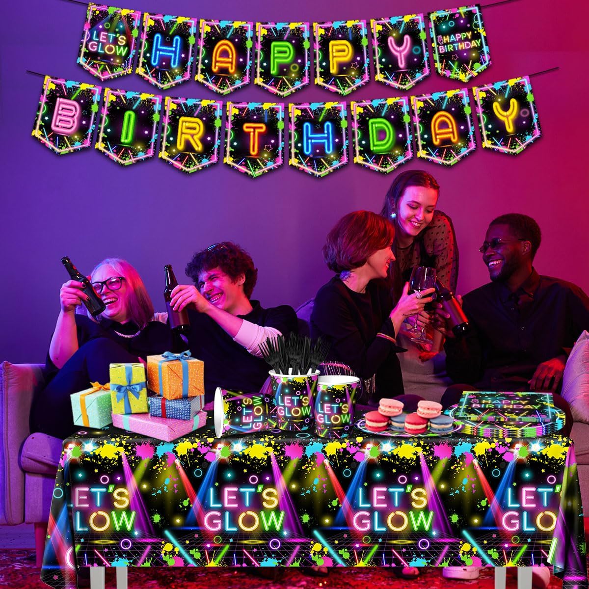 Neon Party Supplies,142Pcs Let Glow Party Decorations Including Disposable Paper Plates,Cups,Tablecloths, Glow in the Dark Theme Decoration for Birthday Baby Shower Party