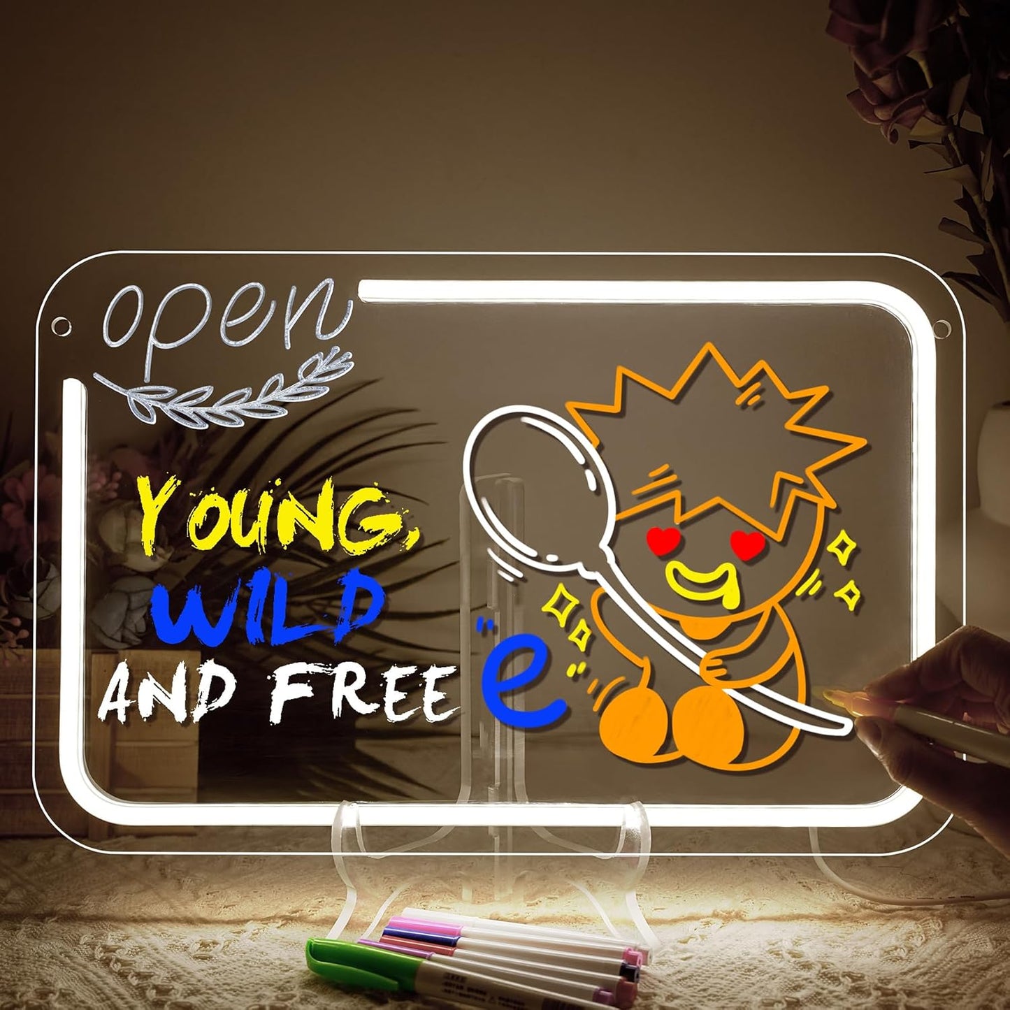 NOSUN OPEN LED Note Board 14.6*9.5” Acrylic Dry Erase Light Up Message Board with Chain and Stand, for Bar Salon Coffee Stores Club Hotel Kids With 7 Color Markers Glow Rewritable Memo Drawing Writing Board