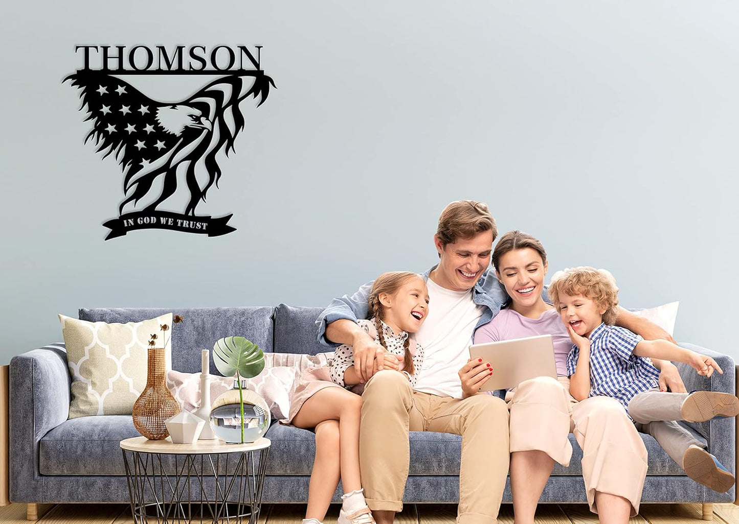 Personalized American Eagle with Flag Personalized Metal Name Sign Custom Metal Eagle and Flag Sign Patriotic Door Hanger