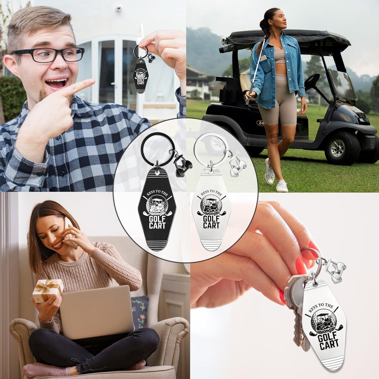 2pcs Golf Cart Keychain for Golfer, Retro Metal Car Accessories, Funny Golf Birthday Gifts Key Ring for Men Father Husband