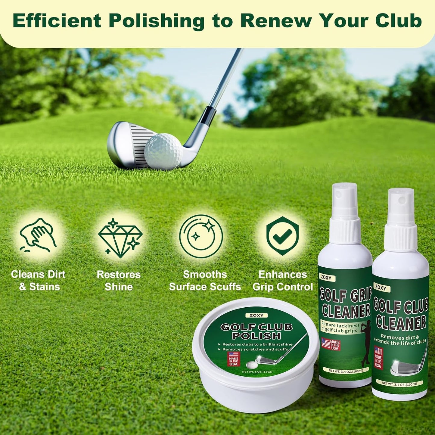 ZOXY Golf Club Cleaning Kit–Clean, Polish, and Restore Irons, Drivers, Putters–Golf Club Polishing Kit with Golf Club Polish, Golf Club Cleaner, Golf Grip Solvent