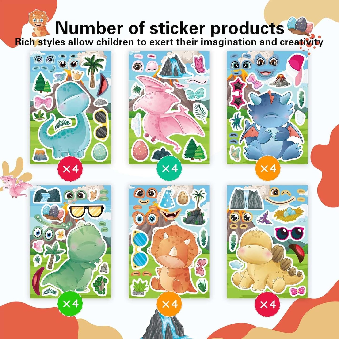 DUJAA 24 Multicolor Cartoon Cute Dino Dinosaur Stickers for Kids & Toddlers, Waterproof Vinyl Stickers for Wardrobe, Luggage, Backpack & Indoor Use