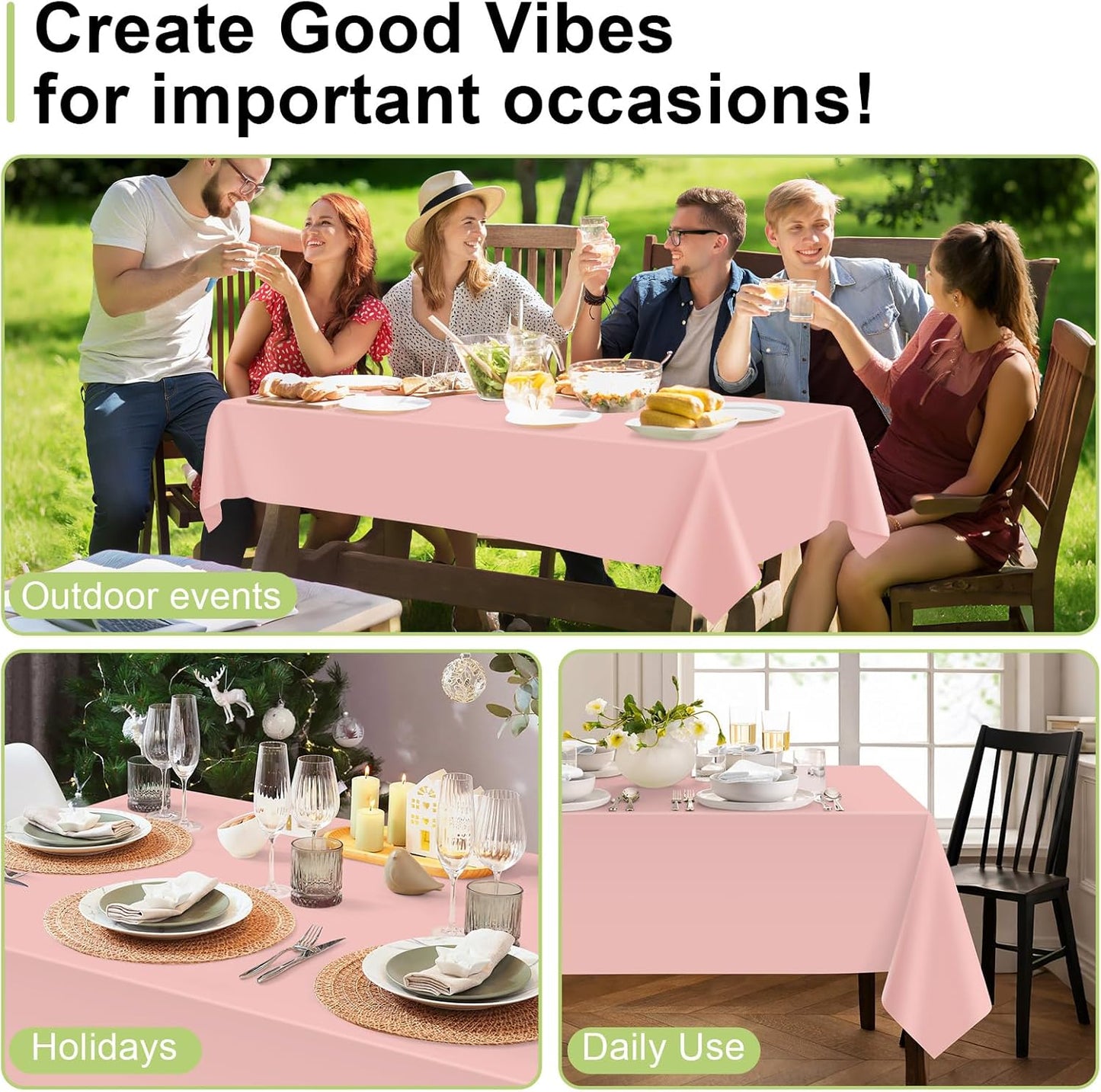 QIKSION Plastic Table Cloth Disposable 2 Pack, 54 x 108 Inch Tablecloths for Rectangle Tables, Blush Pink Plastic Table Cover