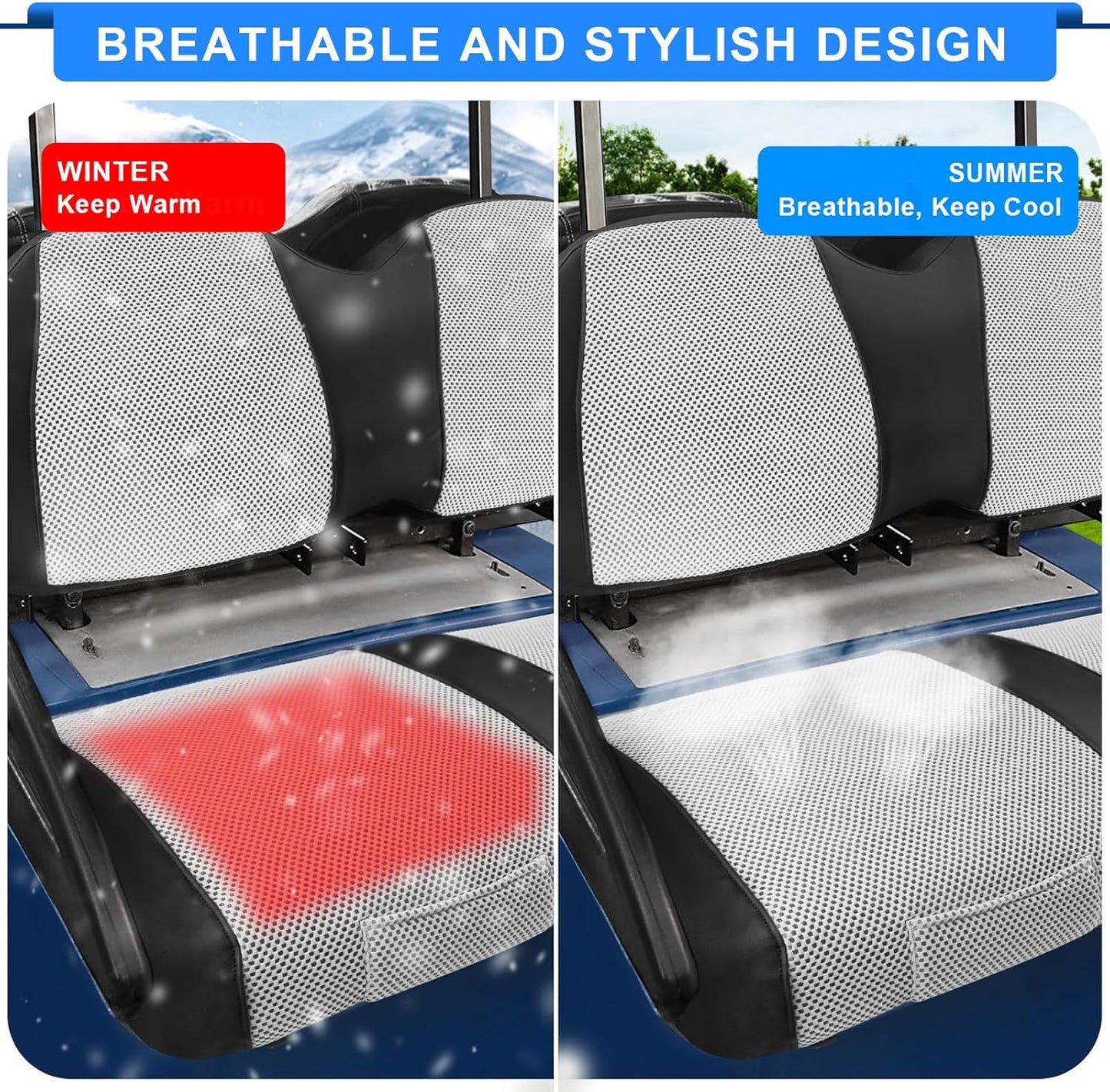 Golf Cart Seat Covers For Club Car Precedent Seat Cover OEM Front, Breathable Fabric and Leather Front Seat Cover Like Gloves, Full Wrap-Around Design of Club Car Precedent Golf Cart Front Seat Cover