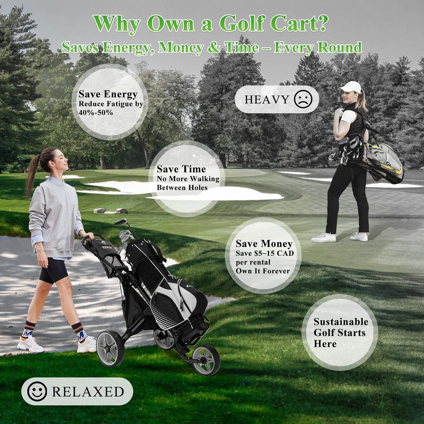Tivor 3 Wheel Golf Push Cart, Lightweight Push Cart Golf One-Click Folding, Adjustable Height Pushcart for Golf Bags, Compact Design for Ladies, Junior Golfers