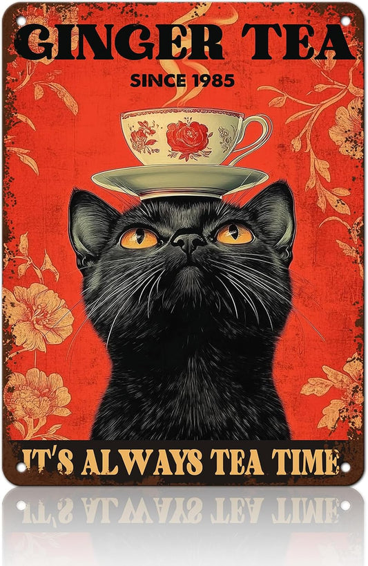 Funny Black Cat Tin Sign Ginger Tea It'S Always Tea Time Metal Sign Wall Decor For Home Cafe Bar Kitchen Poster 12x16 Inch
