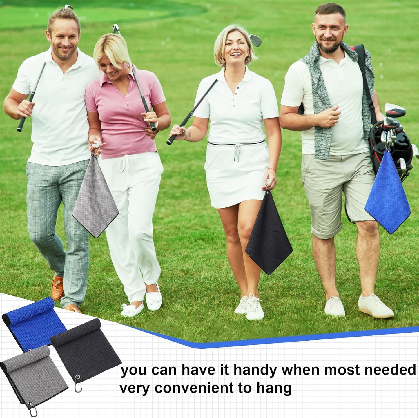 Batiyeer 12 Pcs Golf Towel Bulk for Golf Bags 16'' x 16'' Microfiber Fabric Towel with Clip Waffle Pattern, Fitness, Camping, Hiking, Yoga