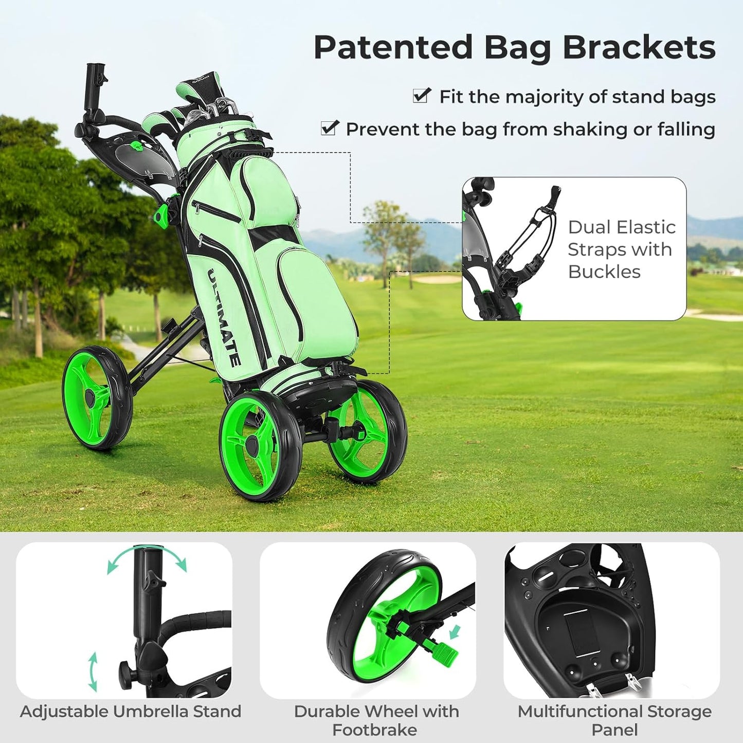 ULTIMATE 4 Wheel Golf Push Cart, Folding Golf Walking Cart w/Elastic Straps, Umbrella&Cup Holder, Scoreboard Storage, Lightweight Golf Trolley Cart w/Height Adjustable Handle&Foot Brake