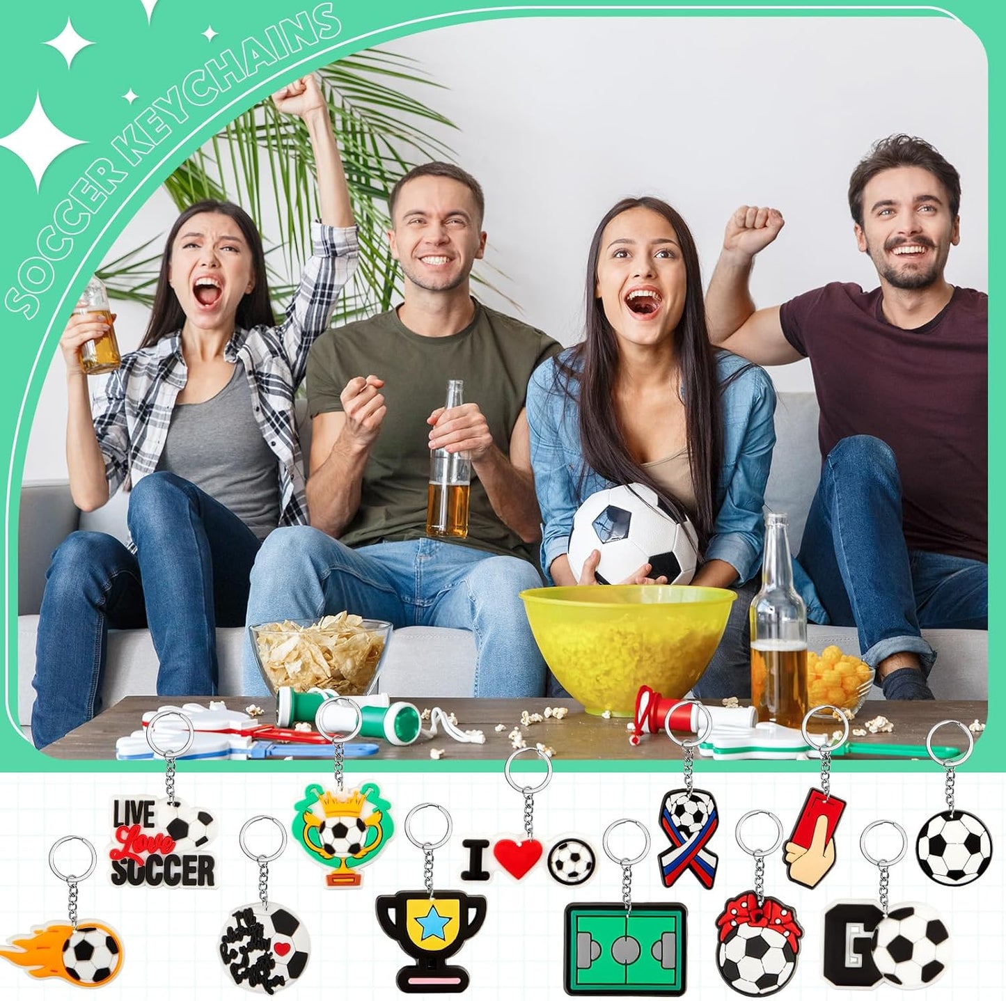 Batiyeer 36 Pack Soccer Keychains Bulk Party Favors Sports Ball Key Chains Funny Keyring Gifts for Birthday Supplies