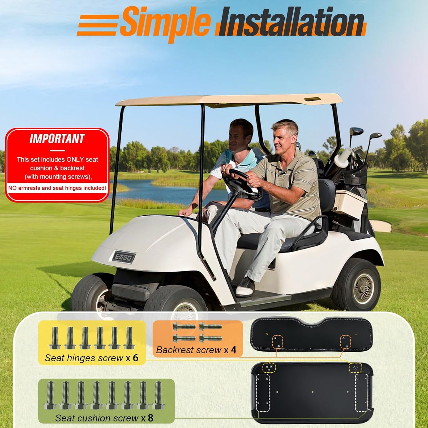 Golf Cart Front Seat Replacement Cushion Assembly Kit for EZGO TXT&Medalist 1994-2013 Golf Cart, EZGO Front Seat Cushions- Includes Soft Seat Cushion and Back Cushion Set, Black