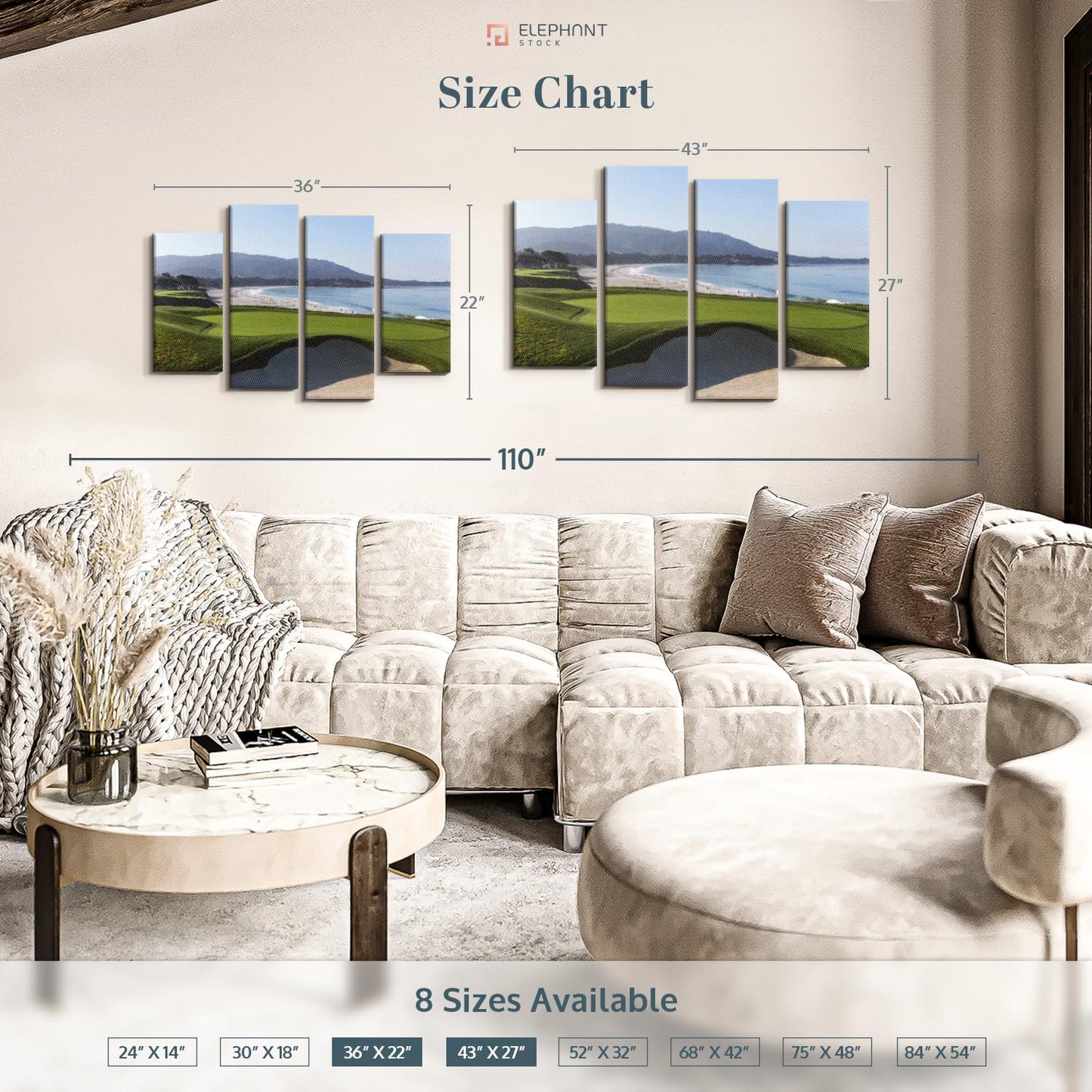 Elephant Stock Monterey CA Golf Course Wall Art - Horizontal Canvas - 4-Piece Living Room Wall Decor - Photography Sports Canvas Print - Blue and Green Decor for Wall - 36" X 22"