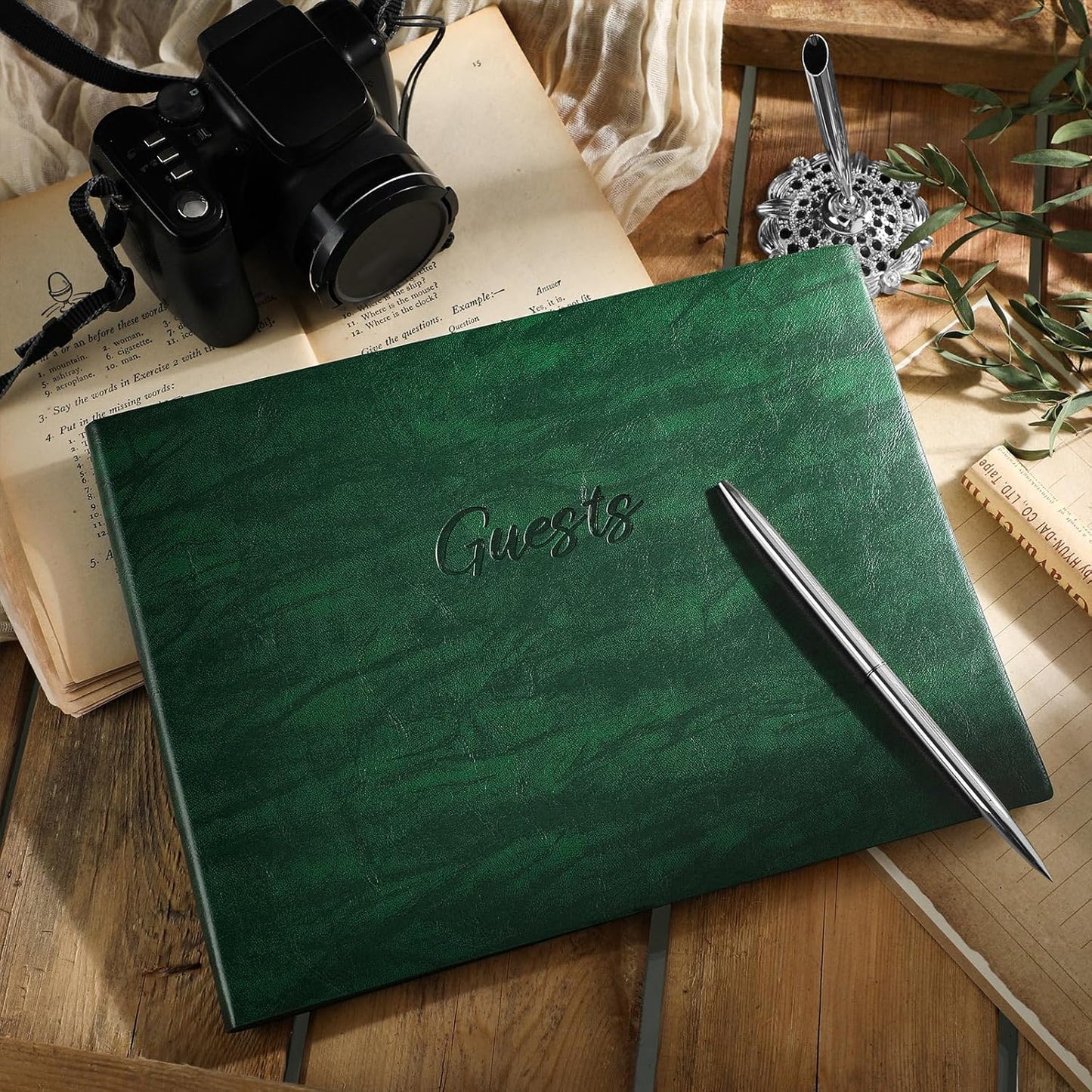 Leather Guest Book and Pen Stand Set, 10.5" x 8" Embossed Guests Sign in Book Registry Book for Funeral, Wedding Reception, Vacation Homes and Events, 80 Sheets (Green)