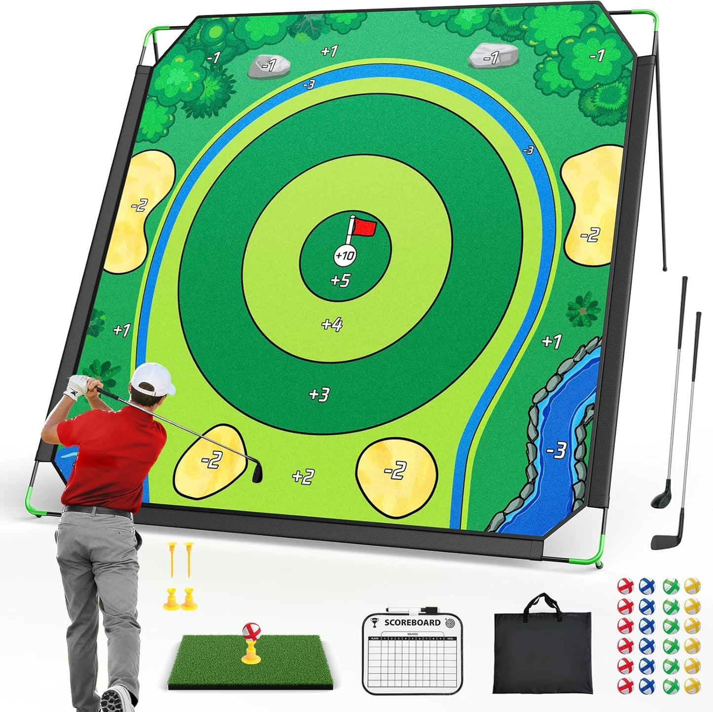 Golf Chipping Game Set, 71 X 71 in Large Golf Practice Mat with 2 Adjustable Clubs, Hitting Mat, 24 Sticky Balls, 2 Golf Tees, Scoreboard & Carry Bag, Indoor Outdoor Golf Training Game for Adults