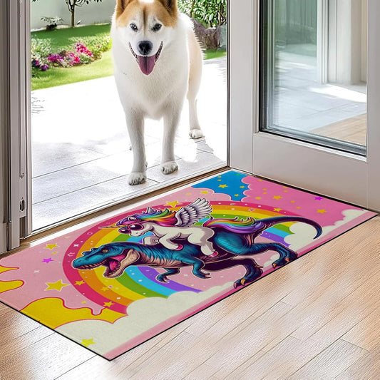 Fun Dinosaur and Unicorn Indoor Door Mat,Colorful Fantasy Floor Doormat,17x29.5in,Non Woven Non Slip Rubber Backing Magic Animal Rug for Porch Insider,Kitchen,Doormats Gifts,Rv Camper Decor