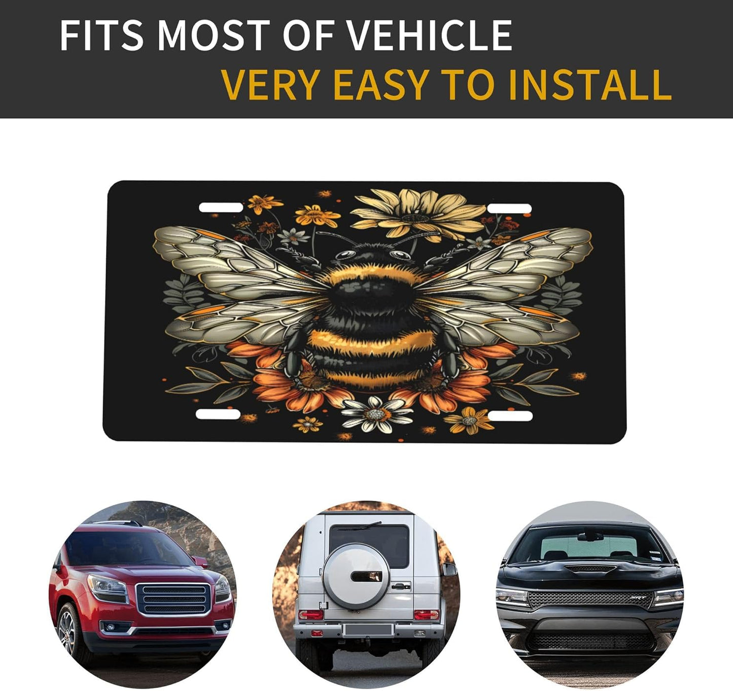 Front License Plate for Car Designs Insect Bee Flower Stainless License Plate Cover Holder for Men Women Metal Aluminum Decorative Accessory Vanity Tag Standard 6 X 12 inch (4 Holes)
