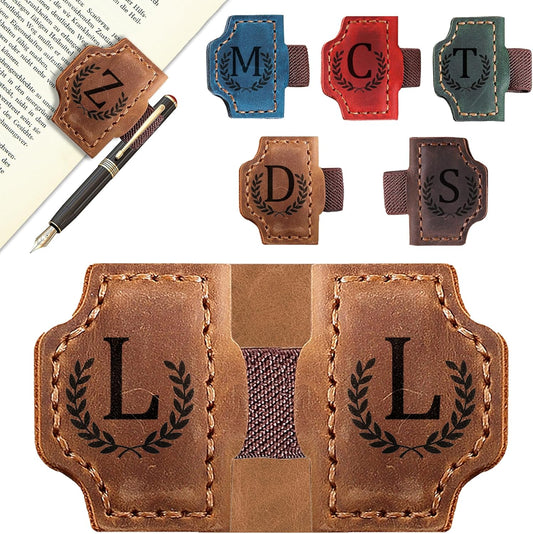 Bygone Mark Bookmark with Pen Holder, 26 Letters Name Initial Personalized Magnetic Bookmarks, Leather Book Mark for Men Women, Travelers Accessories, Teachers Readers Book Lovers Gifts (Brown, L)