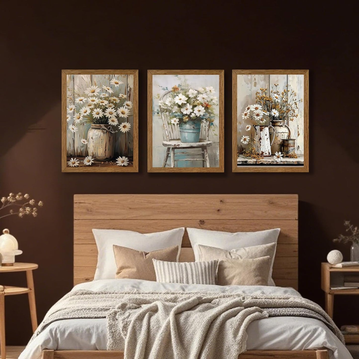 DUWQU 3 Piece Framed Elegant Farmhouse Canvas Wall Art, Vintage Floral Pictures Art Wall Decor, Nature Themed Daisy Art Prints for Living Room Bedroom Kitchen and Office Ready to Hang 12×16 Inches