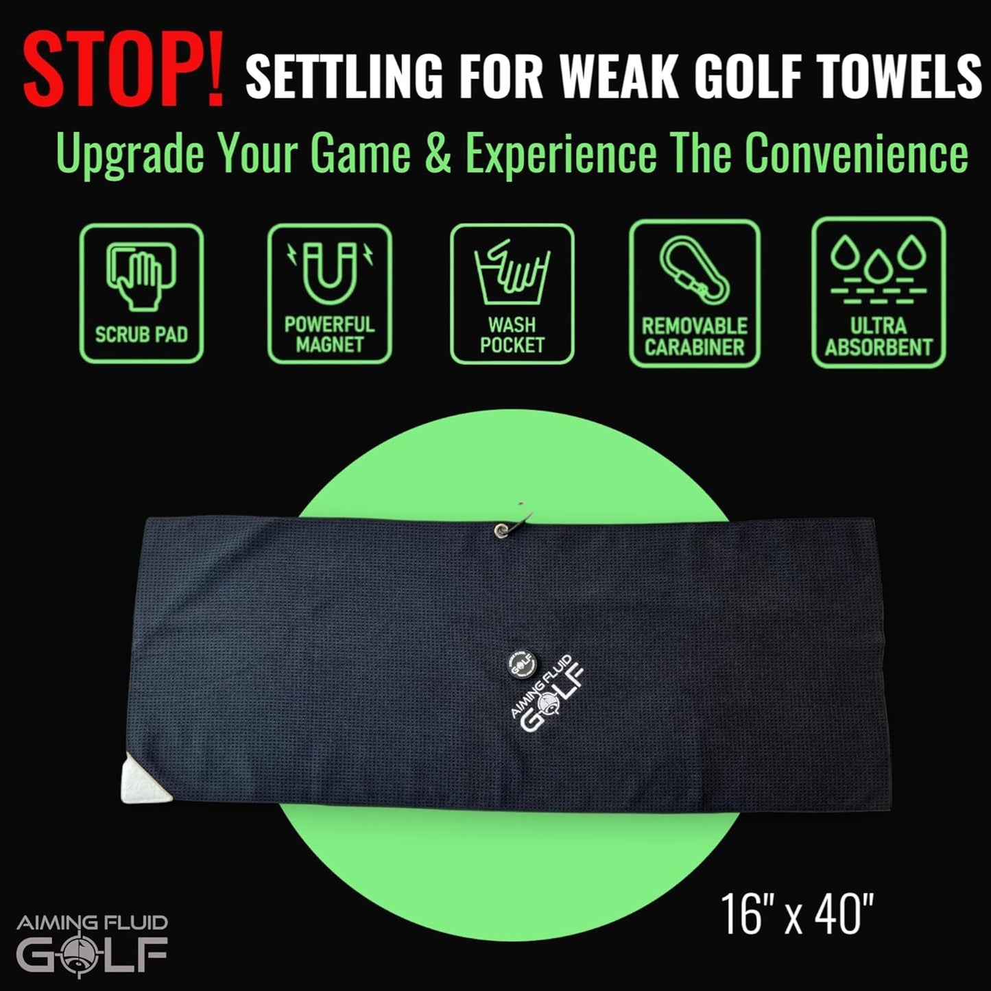 Magnetic Towel Club Glove Gear - Microfiber Rag with Magnet for Golfcart Bags for Men and Women Golfers Accessories Black, 16" x 40" The 40