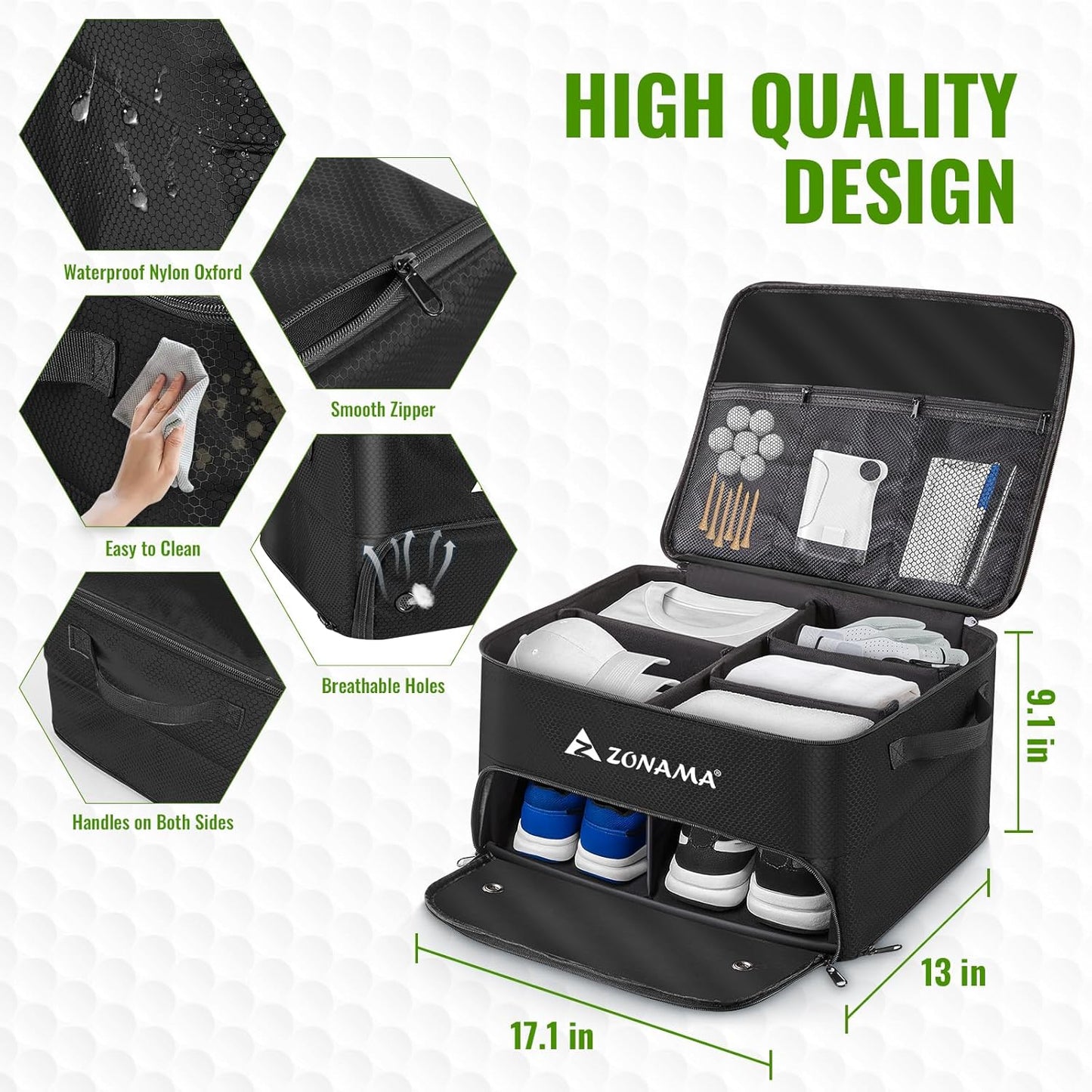 Golf Trunk Organizer, 3 Layers Large Space Car Trunk Locker, with Separate Compartment, Waterproof Golf Accessories Bag for 2 Pairs of Golf Shoes, Balls, Clothes, Golf Gift for Men Women