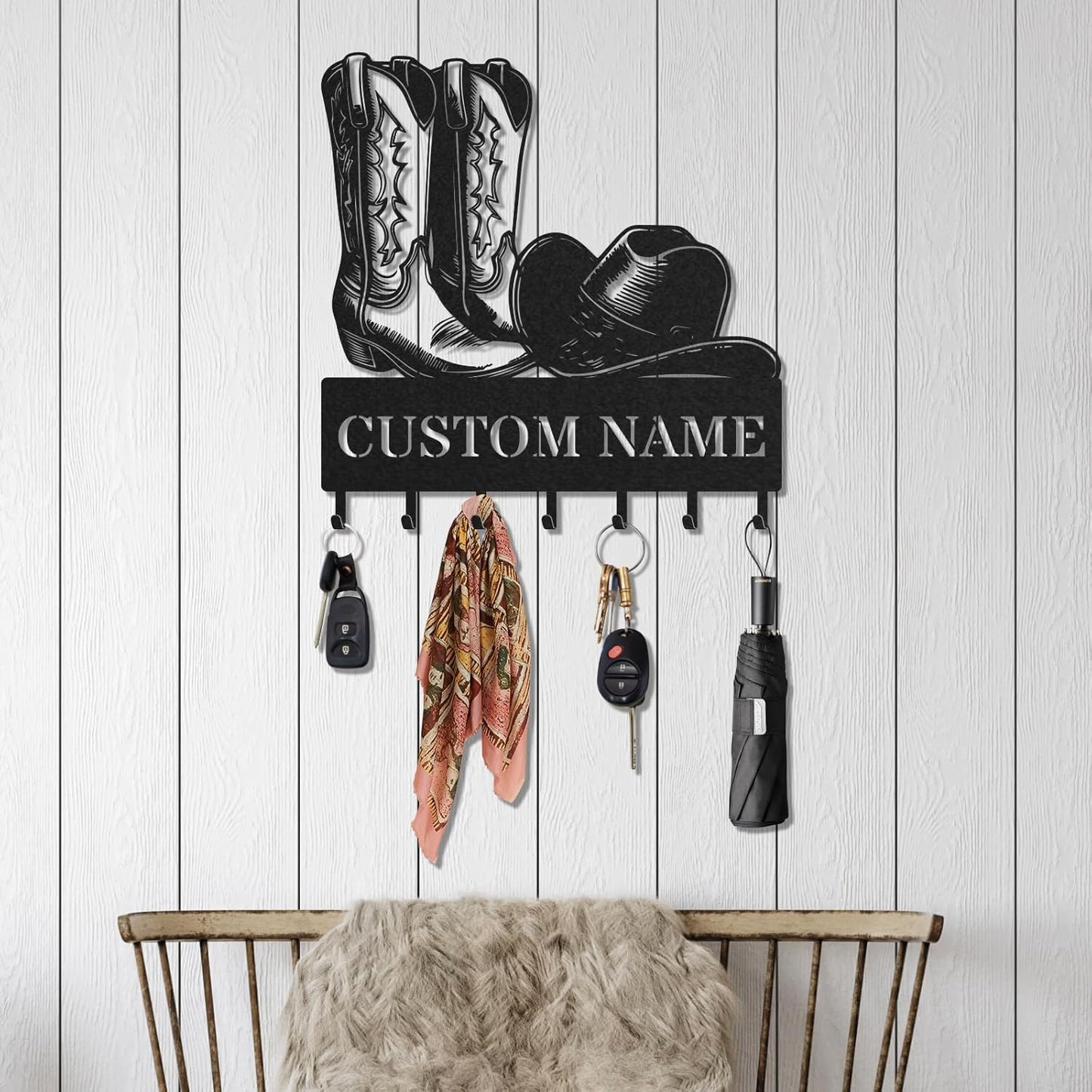 Personalized Key Holder for Wall, Custom Metal Cowboy Key Hooks with Name, Meta Jacket Holder Hooks Organizer Rack, Jacket Hanger Decor for Kitchen, Entryway, Hallway, Office, Doorway