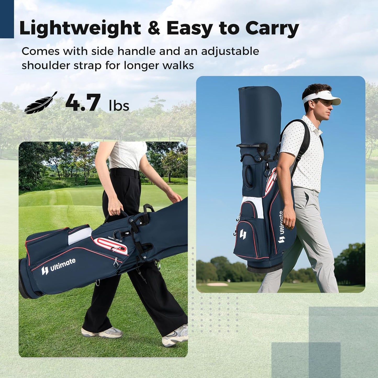 ULTIMATE Golf Cart Bag, Lightweight 14-Way Organizer Divider Top with 6 Pockets, Cooler Pocket, Rain Hood, Adjustable Shoulder Strap and Lift Handles, Portable Golf Club Bag for Men & Women
