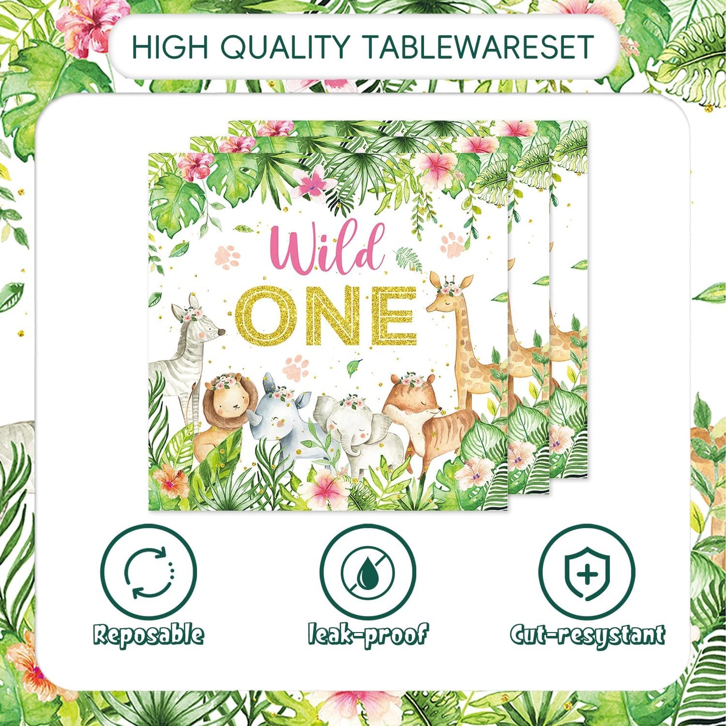 48Pcs Wild One Birthday Decorations Disposable Safari Animals Baby Shower Plates Napkins Forks Supplies for Boy Wild One Birthday Decorations Girl