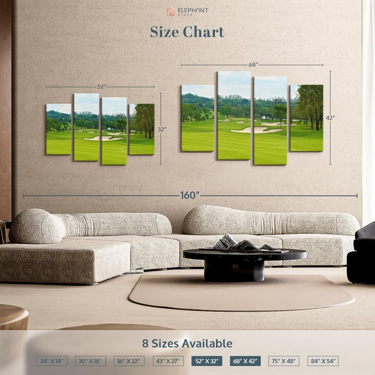 Elephant Stock Beautiful Golf Course Wall Art - Horizontal Canvas - 4-Piece Living Room Wall Decor - Tree Photography Canvas Print - Green and Blue Decor for Wall - 68" X 42"