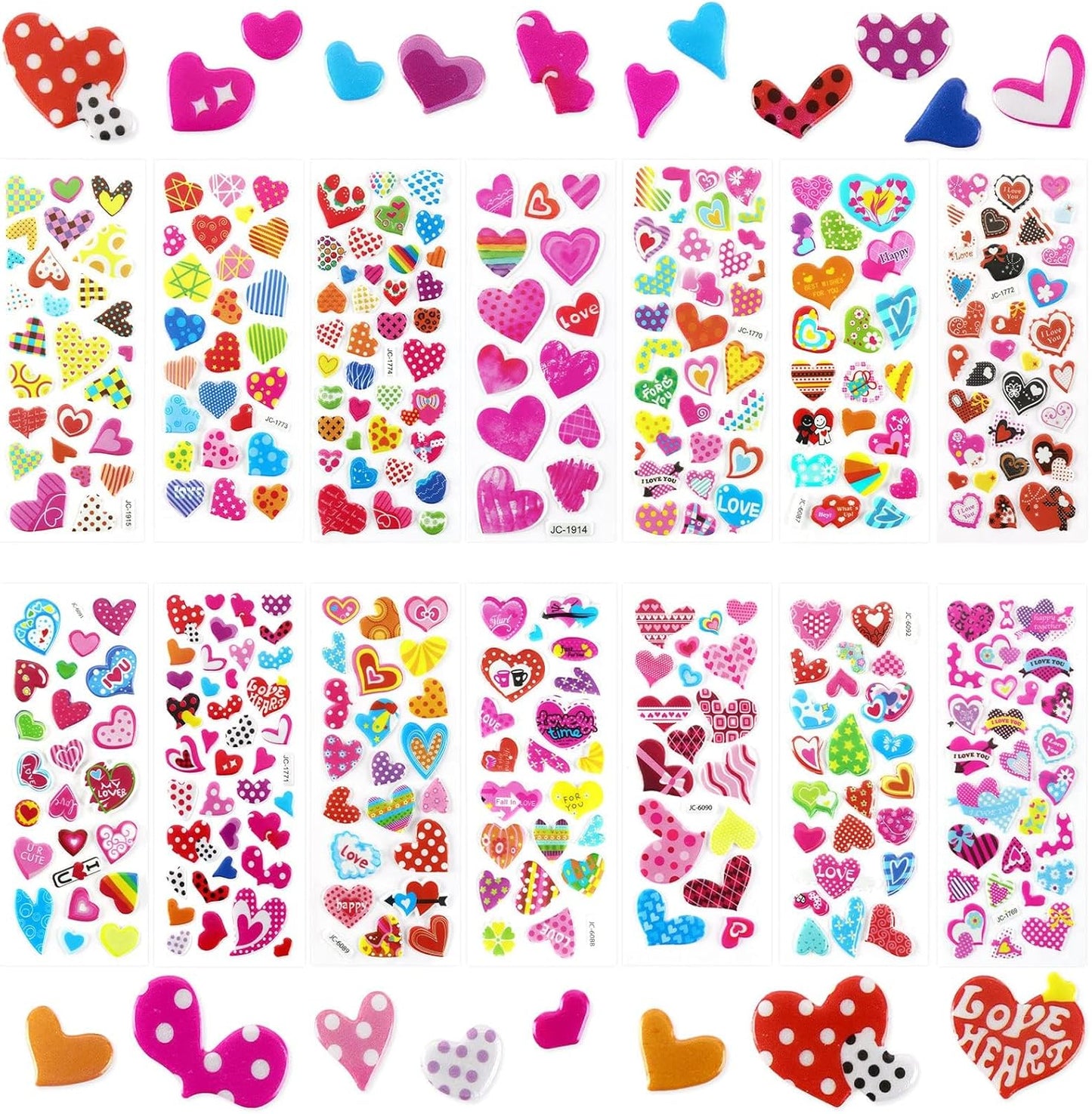 UPINS Valentine Stickers, 14 Sheets Over 500pcs Heart Stickers for Kids, Cute Puffy Colorful 3D Valentine's Day Crafts, Party Games
