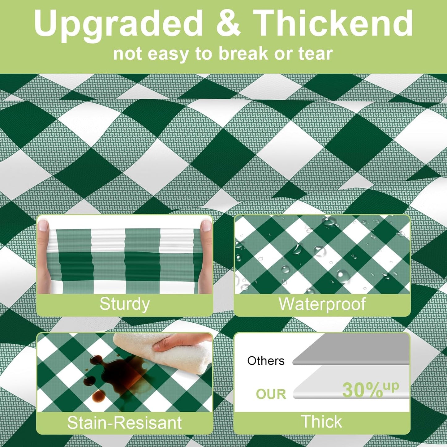 QIKSION Green Gingham Tablecloth Disposable 12 Pack, 54 x 108 Inch Green and White Checkered Table Cloth for Rectangle Tables, Plastic Table Cover