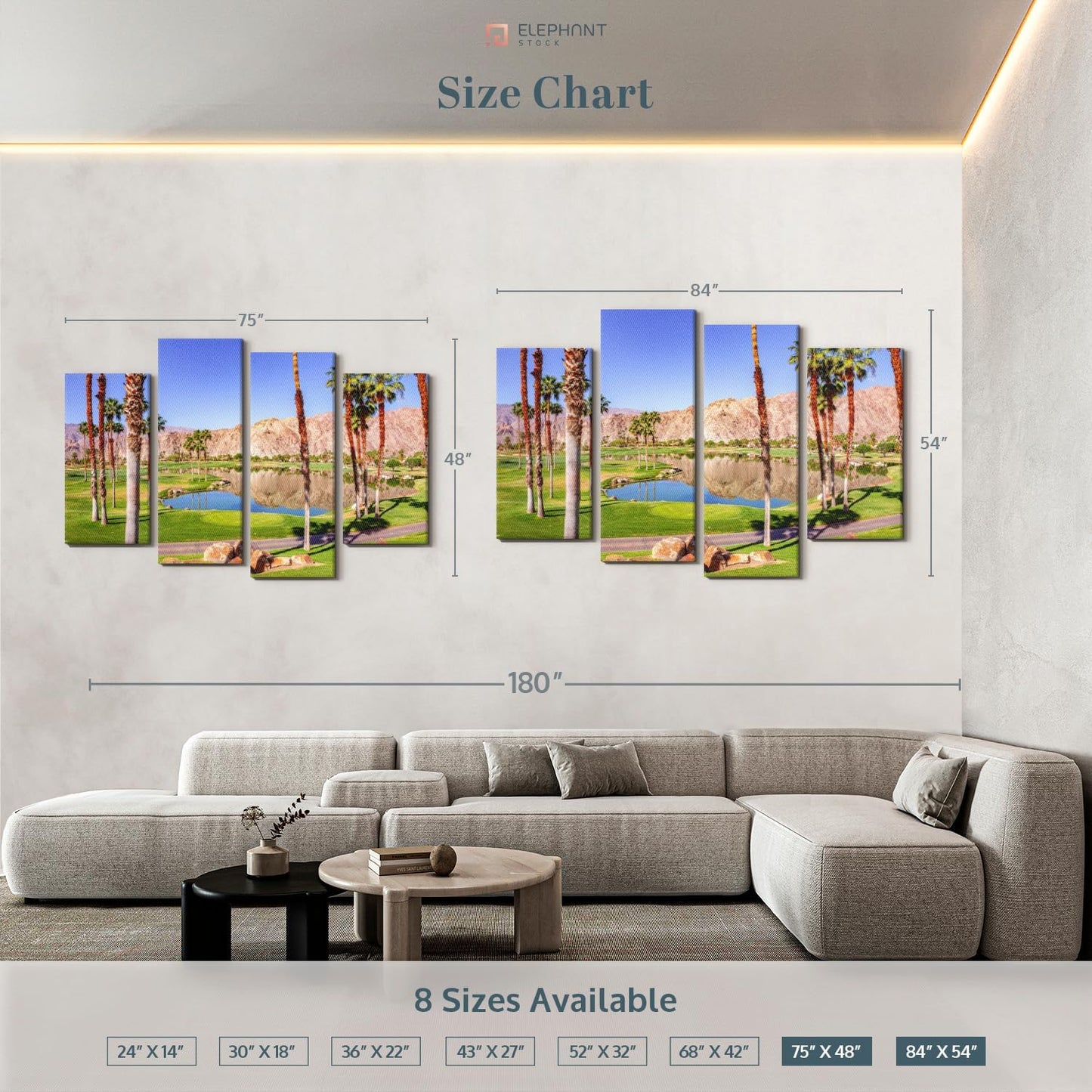 Elephant Stock La Quinta Golf Course Wall Art - Horizontal Canvas - 4-Piece Living Room Wall Decor - Photography Sports Canvas Print - Beige and Brown Decor for Wall - 75" X 48"