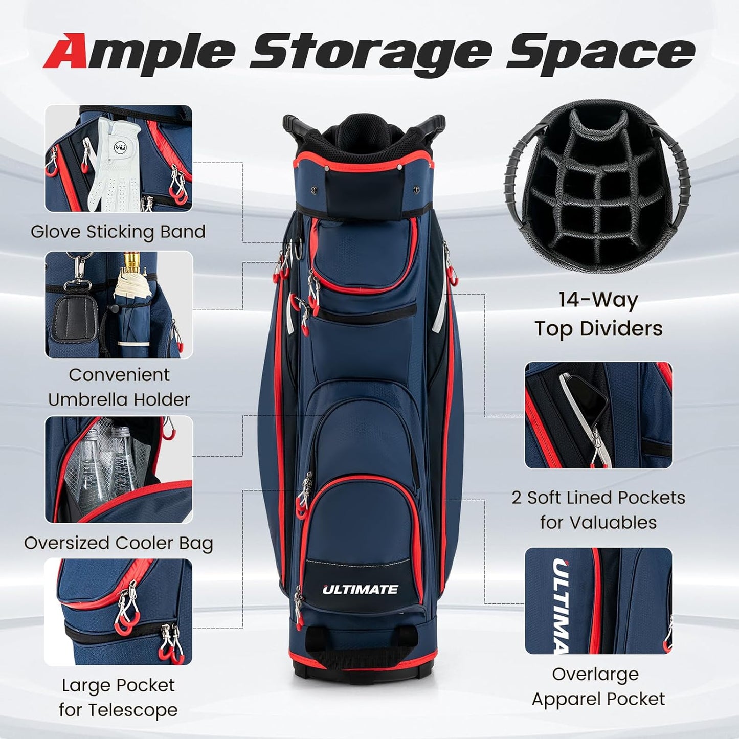 ULTIMATE Golf Cart Bag, 14 Way Top Dividers Golf Carry Bag w/Pockets & Umbrella Holder, Portable Golf Club Bag w/Soft Shoulder Strap & Rain Hood, Lightweight Golf Bag for Women & Men