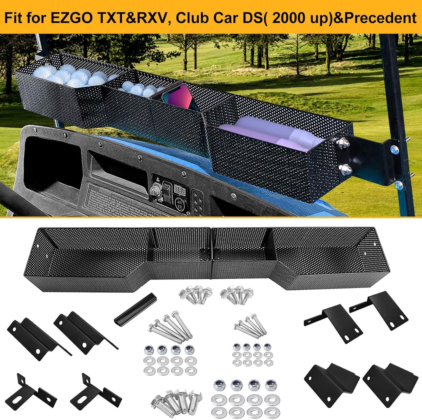 Golf Cart Basket Front Inner Fit EZGO TXT & RXV, Club Car Precedent&DS (2000 up) Golf Carts, Heavy Steel Mesh Durable Golf Cart Storage Tray Dash Organizer