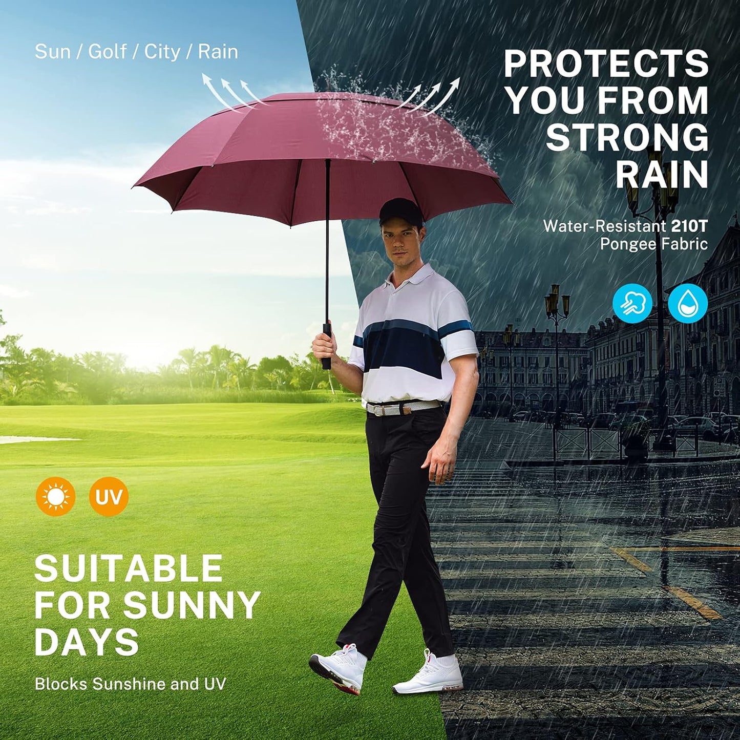 Gonex 54/62/68/72/80 Inch Extra Large Golf Umbrella, Automatic Open Travel Rain Umbrella with Windproof Water Resistant Double Canopy, Oversize Vented Umbrellas for 2-3 Men and UV Protection, Multiple Colors