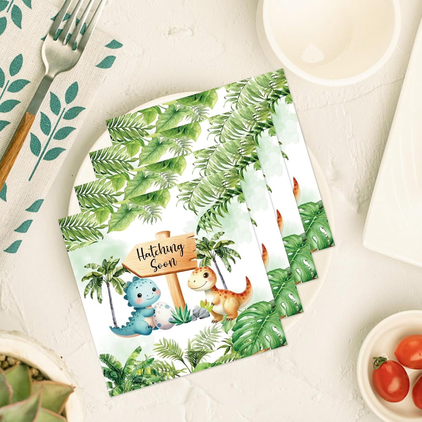Dinosaur Baby Shower Napkins Decorations, 50PCS Hatching Soon Baby Shower Napkin Supplies, Cute Dino Party Decor for Boys