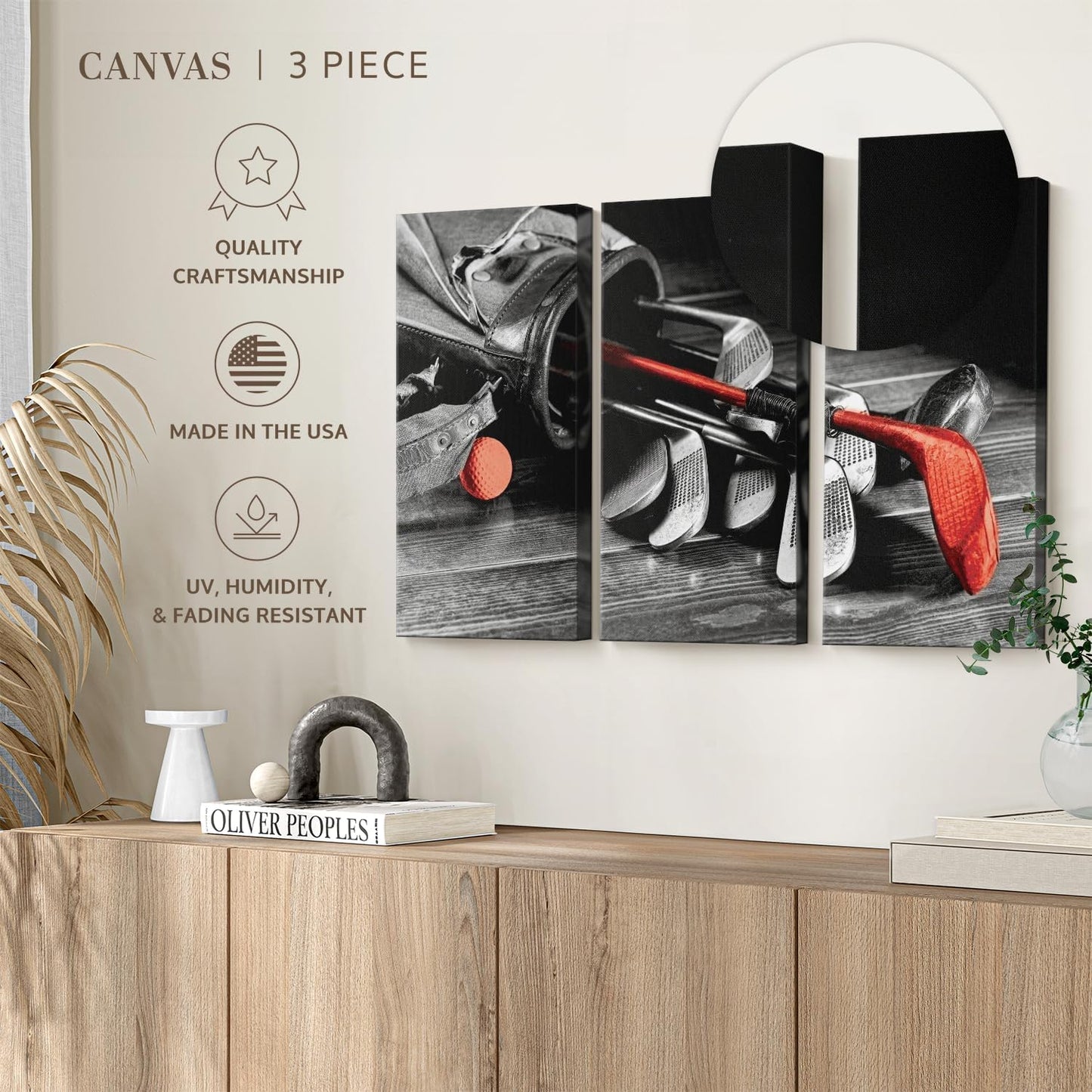 ElephantStock Golf Equipment Pop Wall Art - Horizontal Canvas - 3-Piece Living Room Wall Decor - Photography Sports Canvas Print - Black and Gray Decor for Wall - 57" X 36"