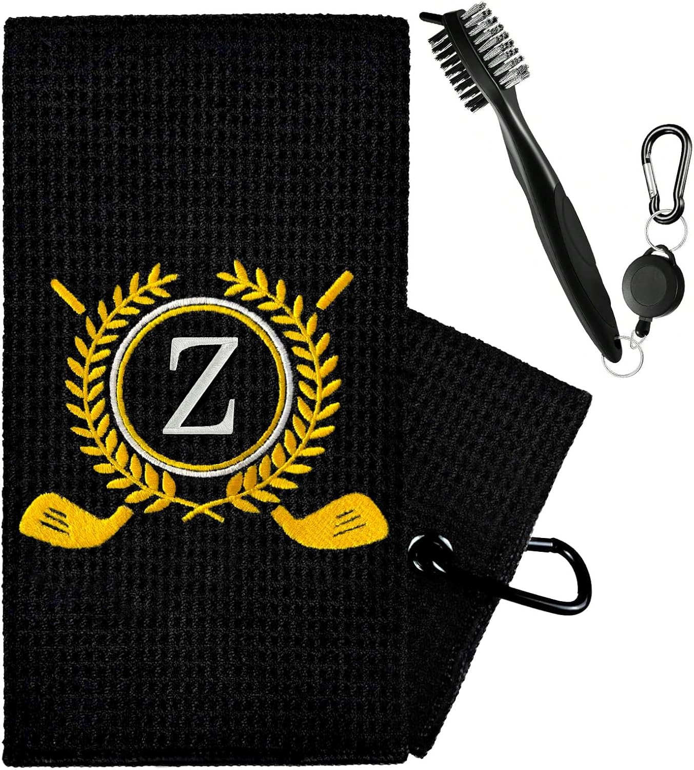 Personalized Golf Towels for Golf Bags - Microfiber Monogrammed Golf Towels for Men/Women, Retractable Brush Tool Kit with Club Groove Cleaner, Custom Golf Accessories for Golfers (Initial Z)