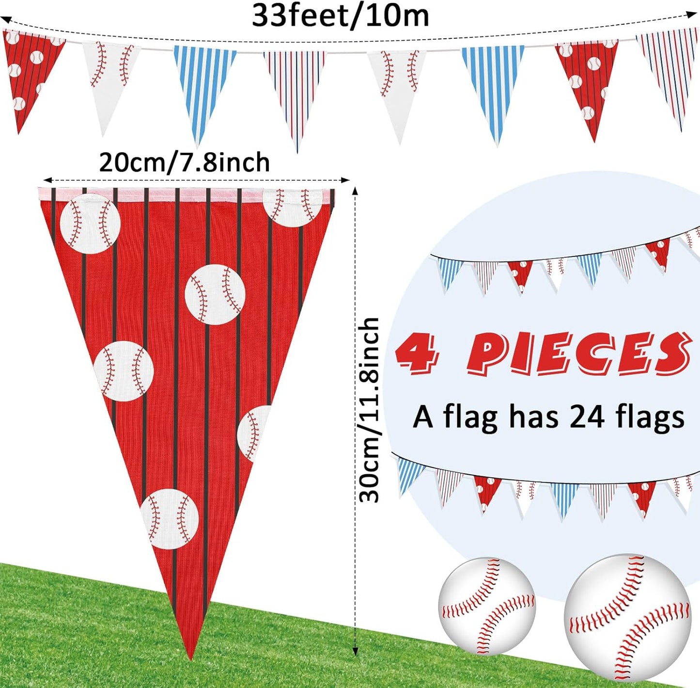 VitalCozy 4 Pcs 131 ft Baseball Pennant Banners Party Decorations American Baseball Theme Triangle Flags Garland Bunting for Birthday Camp BBQ Party Supplies Home Outdoor Hanging Decor
