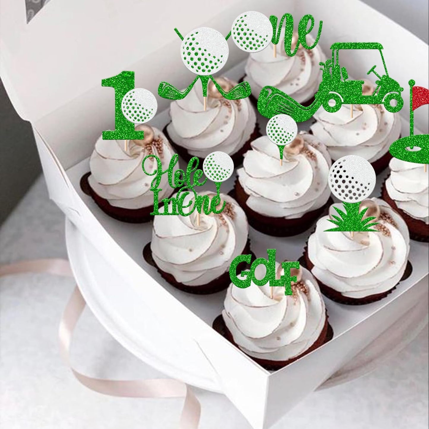 Rsstarxi 30 Pack Golf 1st Birthday Cupcake Toppers Glitter Hole in One Cupcake Picks Decoration for Boys Girls Baby Shower First Birthday Golf Party Cake Decorations Green