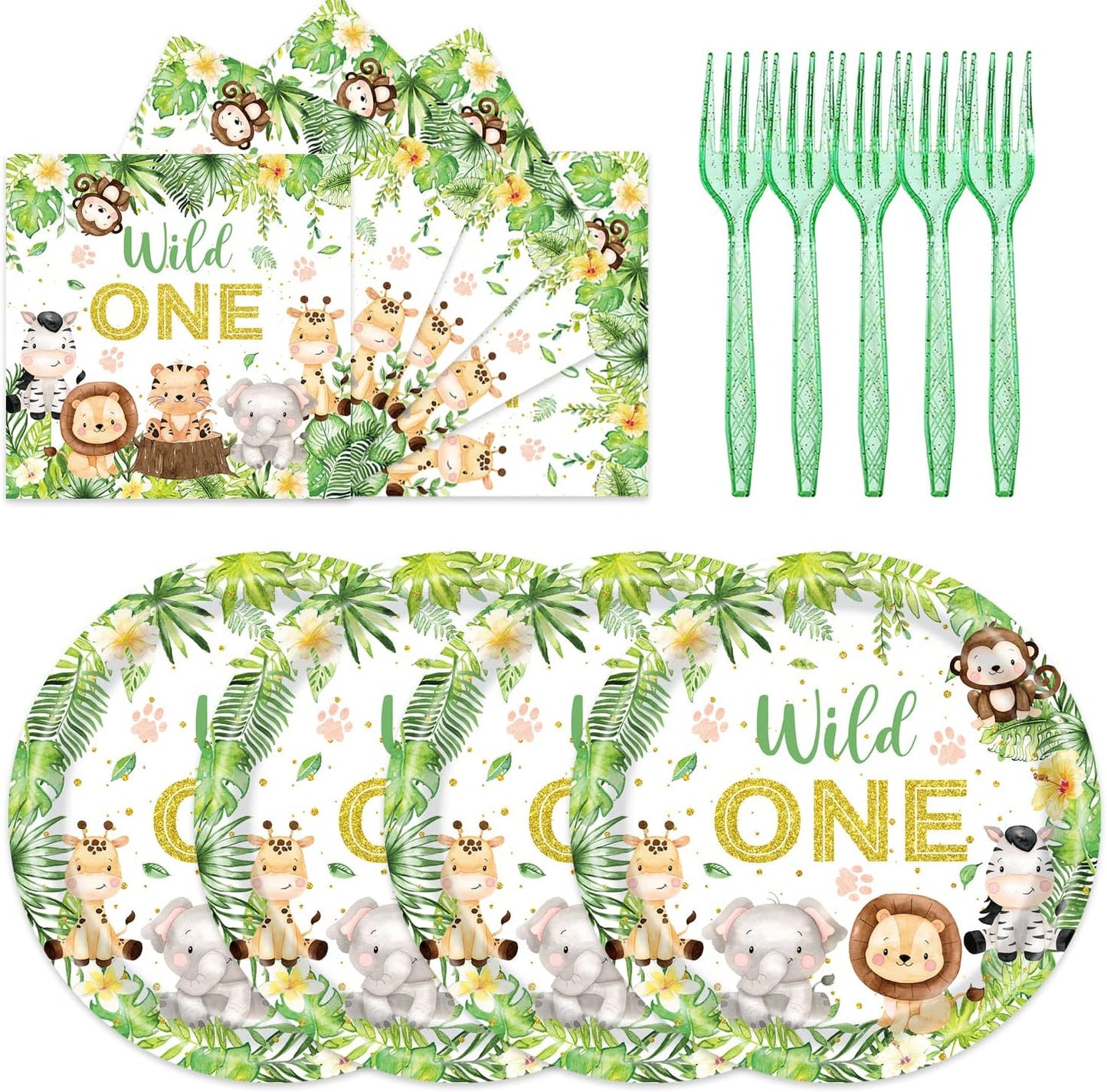 48Pcs Wild One Birthday Decorations Disposable Jungle Safari Plates and Napkins Forks Supplies Serves 16 1st Birthday Decorations Girl Boy